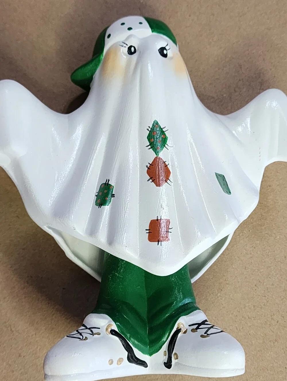 Vintage Ceramic Patchwork Halloween Ghost Wobbler Figurine Spring-Leg Bobbler